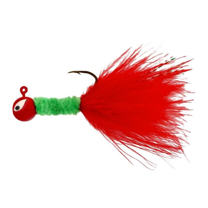 Red and green fishing lure with feathers.