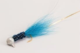 Blue fishing lure with a silver head.