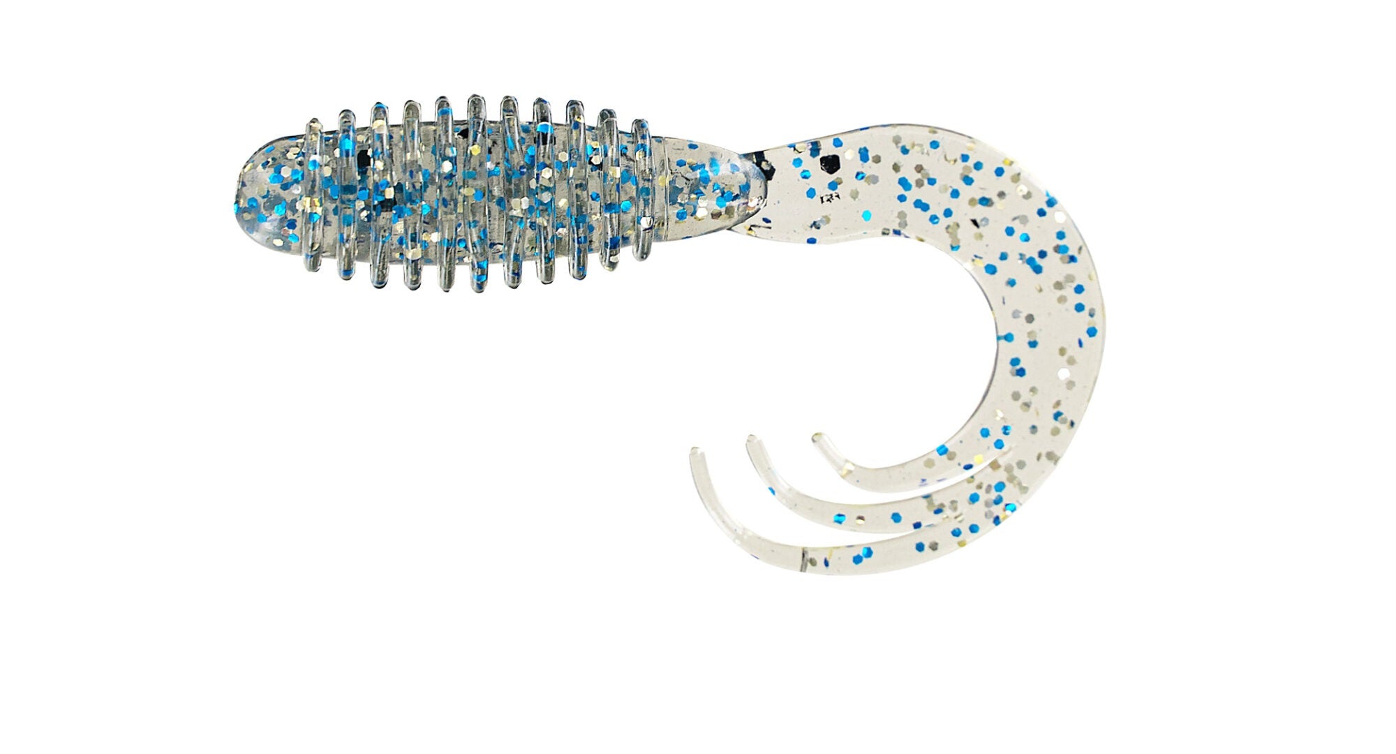 Glittery fishing lure with blue speckles.