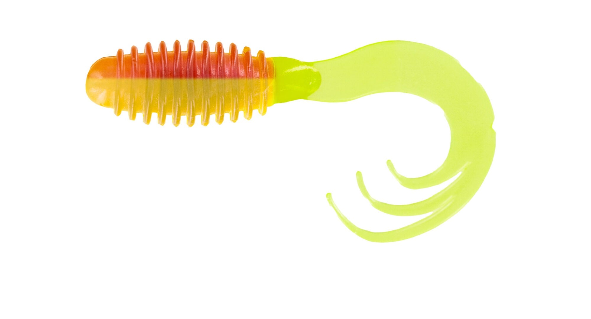 Colored fishing lure with curly tail design.