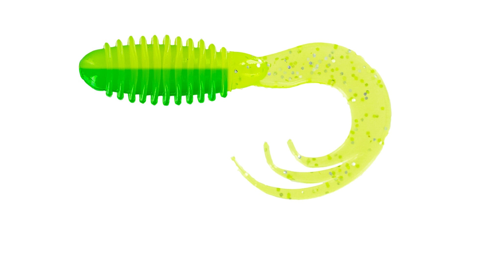 Bright green curly-tailed fishing lure.