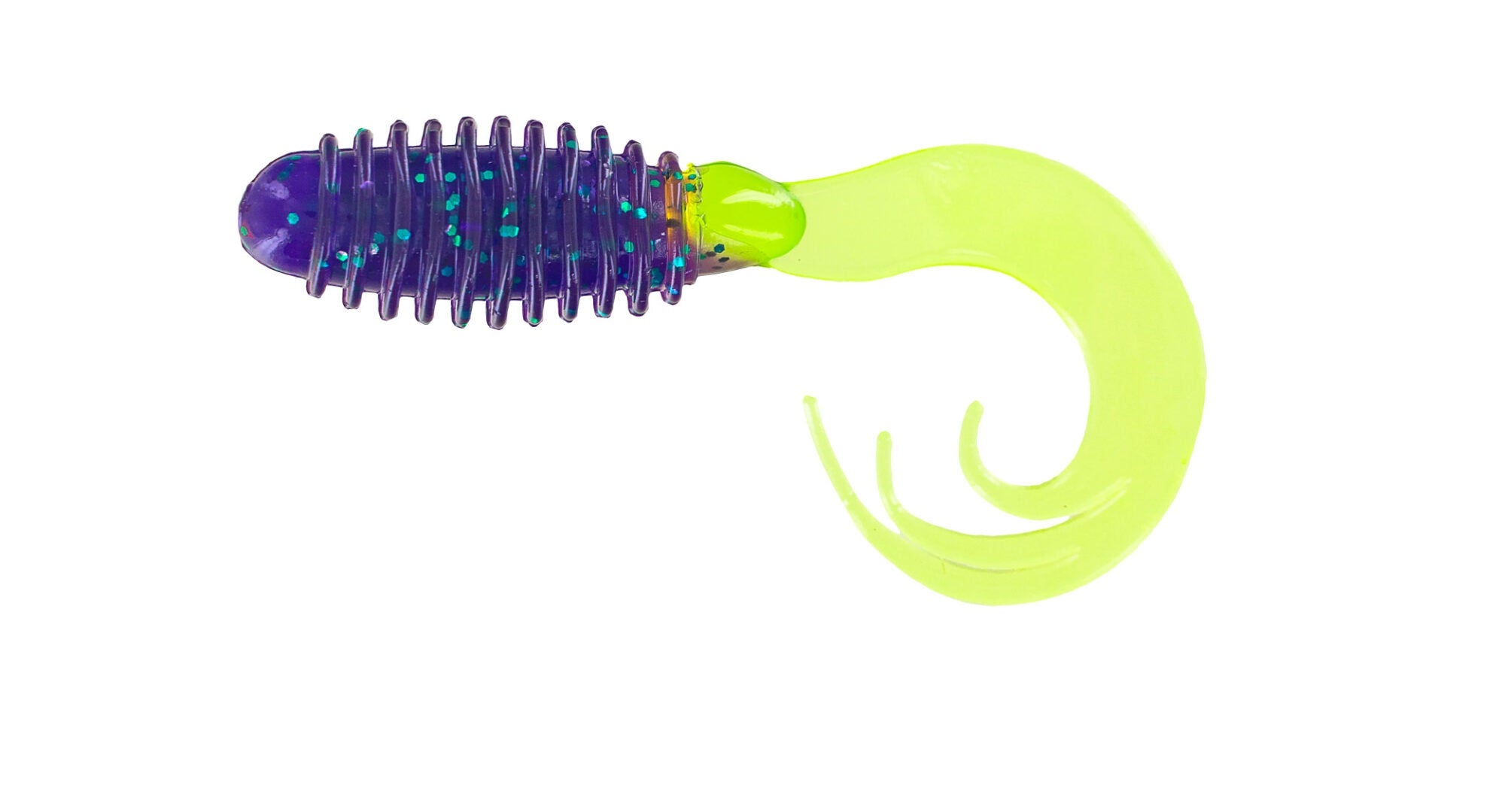 Purple and yellow fishing lure, curved tail.