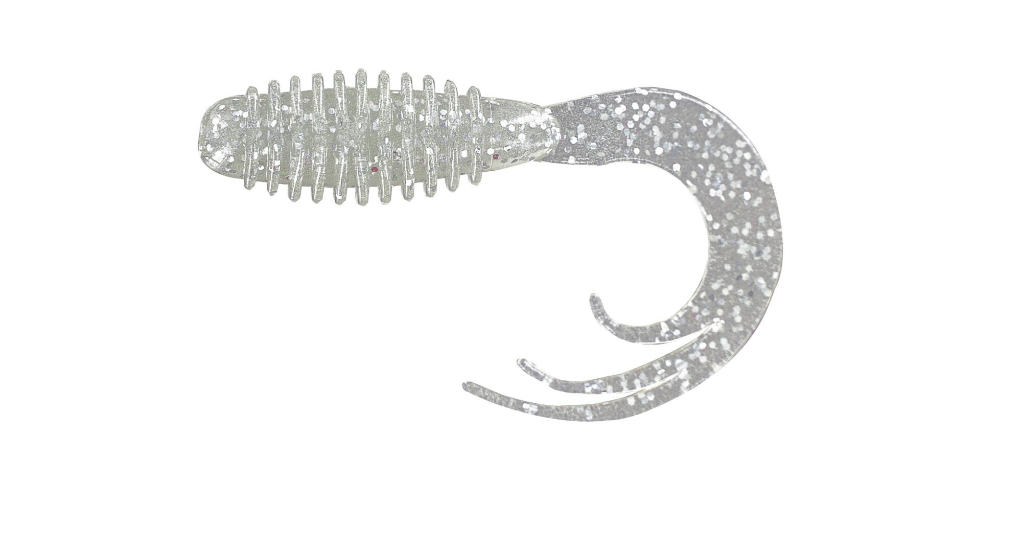 Sparkling silver fishing lure on white background.