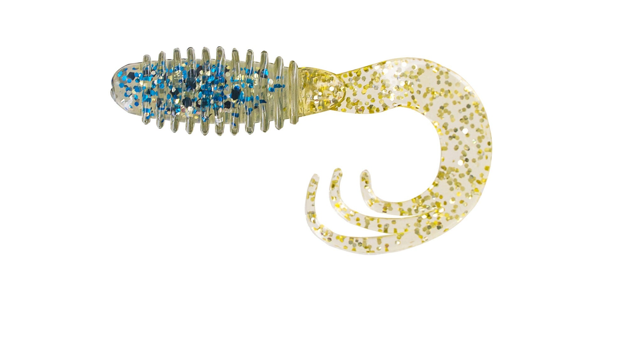 Glittery yellow and blue fishing lure.