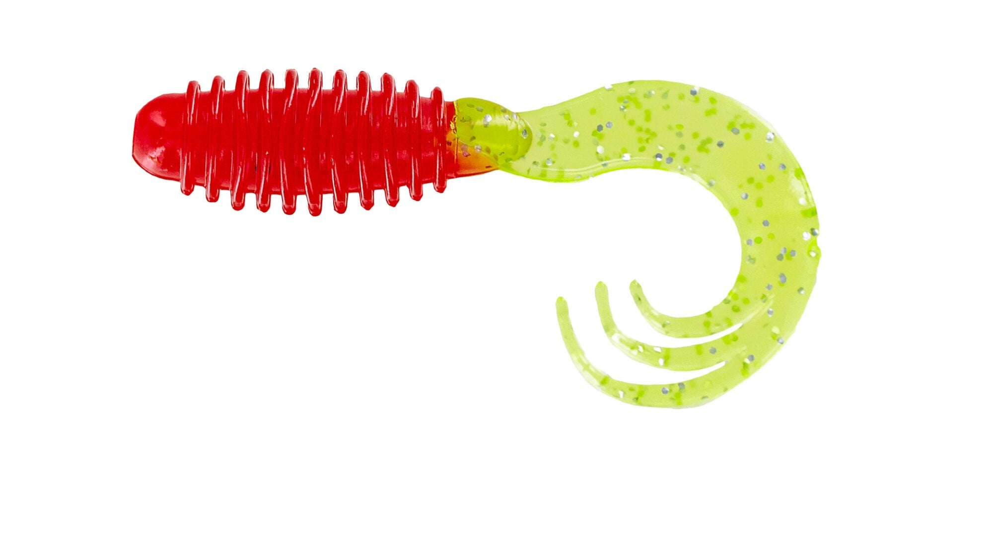 Red and green fishing lure with curly tail.