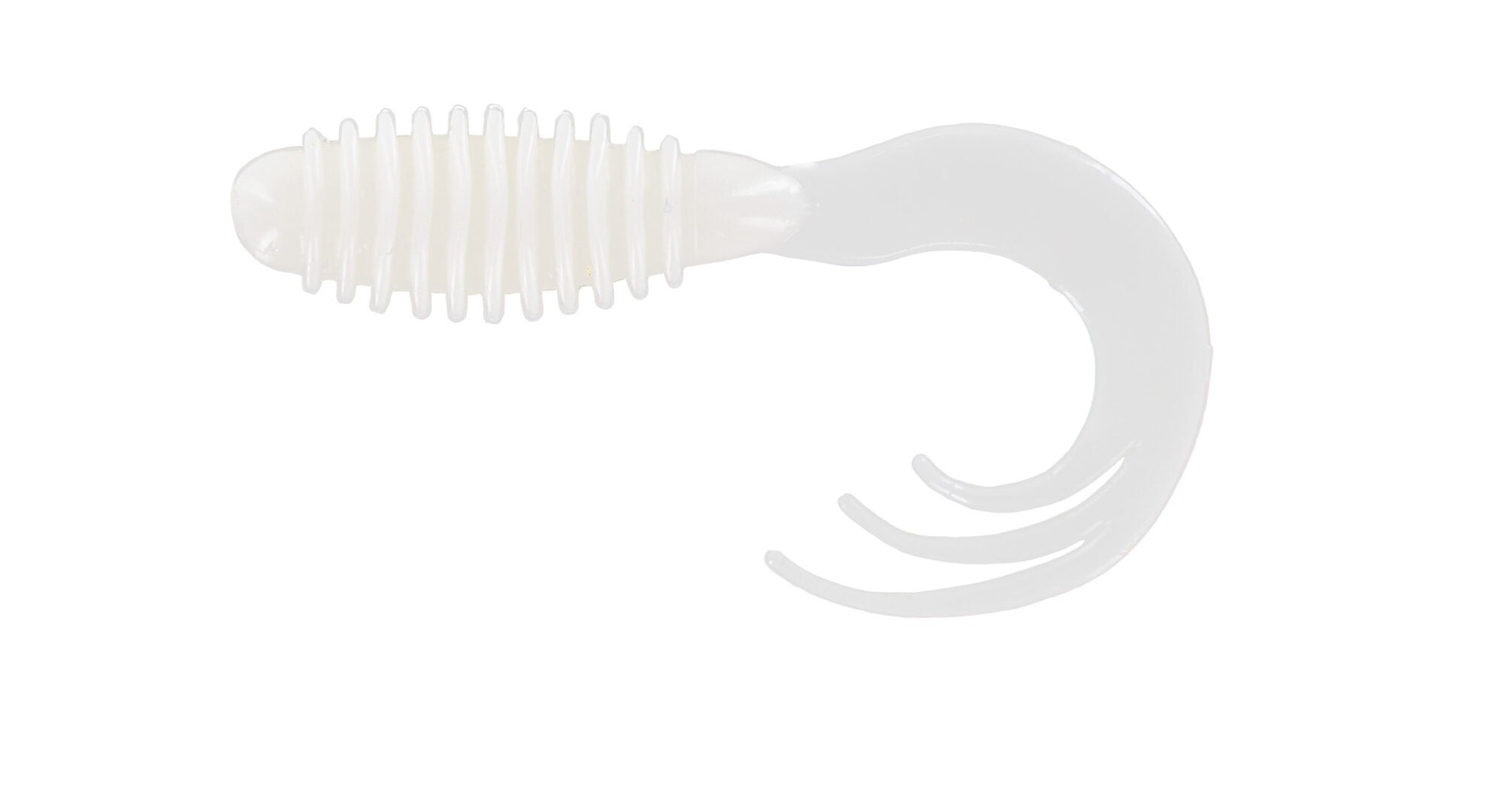 White fishing lure with curly tail design.