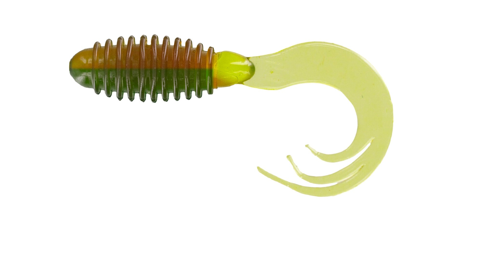 Yellow and green fishing lure with curly tail.