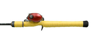 Fishing rod with red reel and yellow handle.