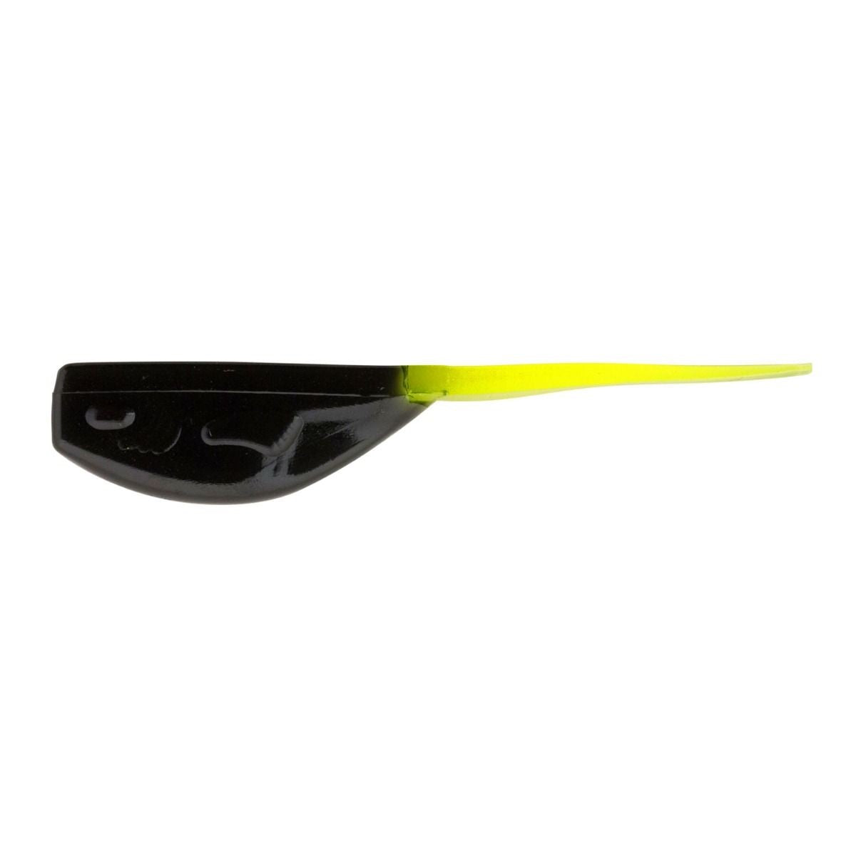 Black and yellow fishing lure side view.