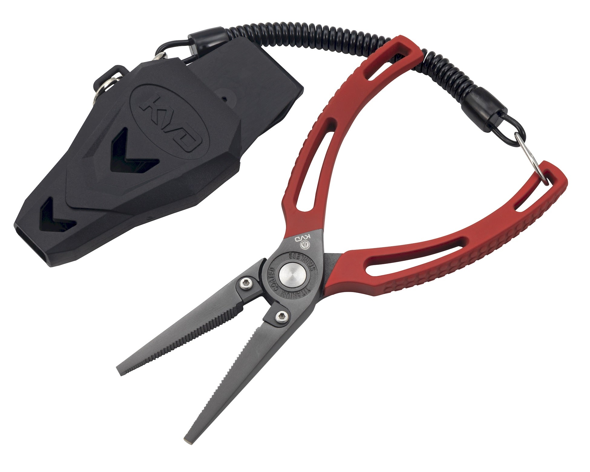 Fishing pliers with coiled lanyard and sheath.