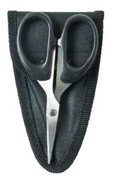 Black scissors in a protective sheath.