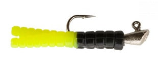 Yellow and black fishing lure with hook.