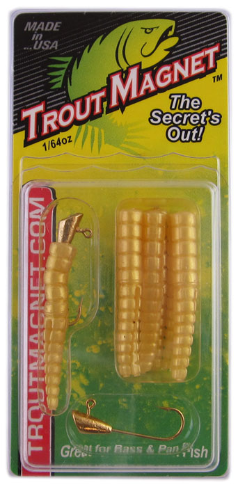 Fishing lure package with yellow corn-like bait.