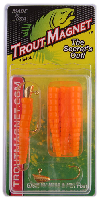 Orange fishing bait packaging with logo.