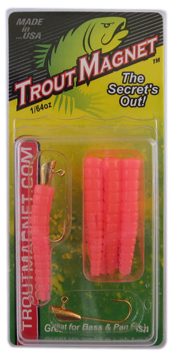 Pink fishing lures in packaging, Trout Magnet.