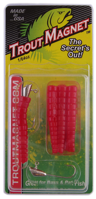 Red fishing lures in packaging labeled Trout Magnet.