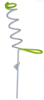 Spiral ground anchor with a green handle.