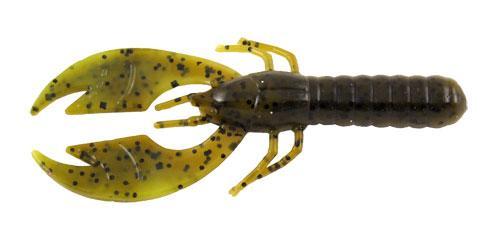 Plastic crayfish lure with yellow and black colors.