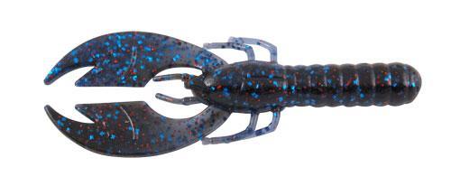 Blue and black plastic crawfish lure.