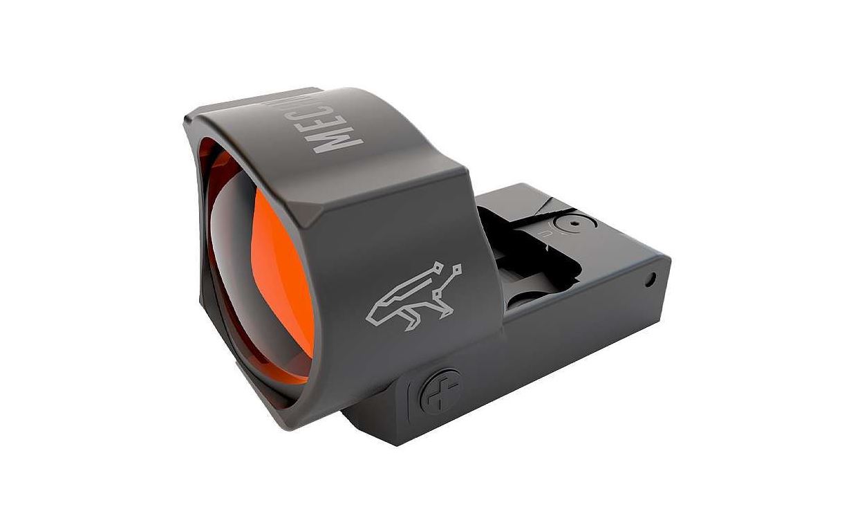 Black reflex sight with orange lens.