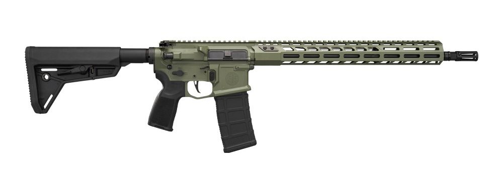 Green tactical rifle on a white background.